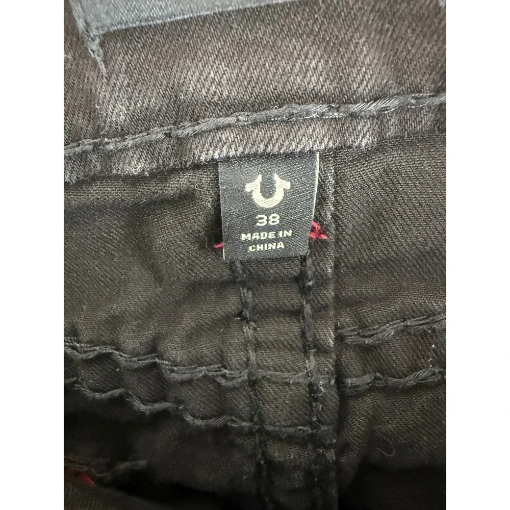 True Religion Ricky Relaxed Straight Jeans Mens 38 Black Red Contrast Stitching